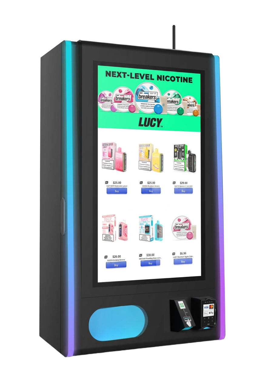 Wall-mounted smart vending machine with large touchscreen and neon accent lighting