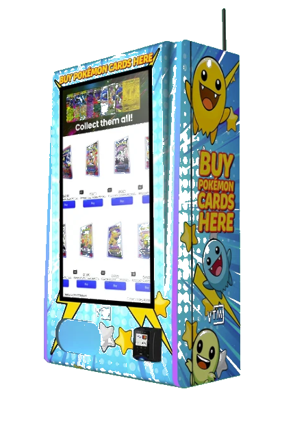 Pokémon mega wall-mount vending machine with dimensions 40.5 inches high, 23.6 inches wide, 14 inches deep